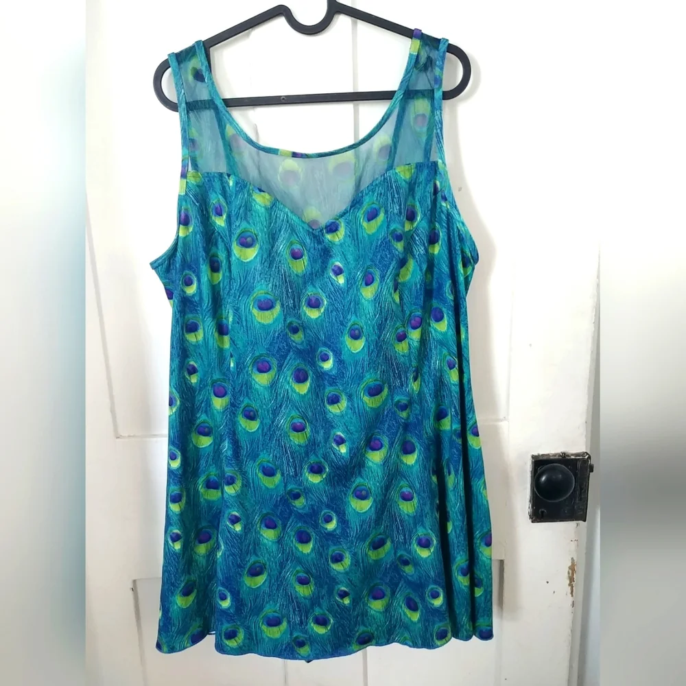 Womens Colorful Peacock Print One Piece Swimsuit Blue Green Size 24W (B) - Picture 1 of 7